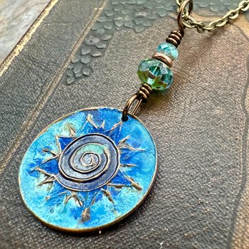 Celtic Sun Spiral Necklace, Copper Patina Pendant, Czech Glass Beads, Irish Celtic Spirals, Colorful Sun, Pagan Celtic Witch, Sun Goddess