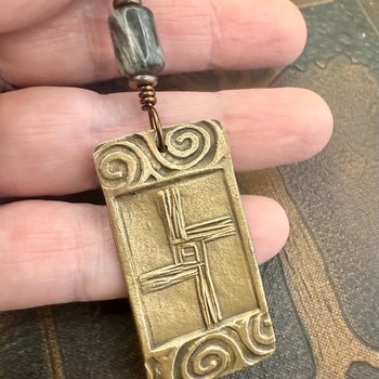 Saint Brigid's Cross, Bronze & Connemara Marble Pendant, Irish Celtic Jewelry, Brigit Bridget, St Brigid of Kildare, Irish Cross, Imbolc