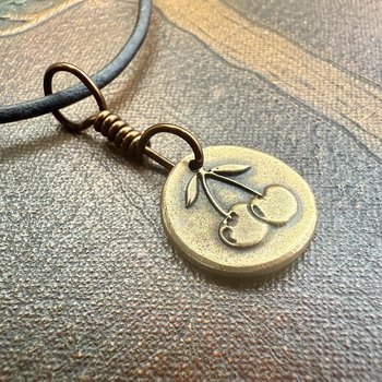 Bronze Cherry Charm, Door County Cherries, Handmade Bronze, Leather Vegan Cords, Wisconsin Cherry Trees, Souvenir Talisman of Door County