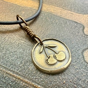 Bronze Cherry Charm, Door County Cherries, Handmade Bronze, Leather Vegan Cords, Wisconsin Cherry Trees, Souvenir Talisman of Door County