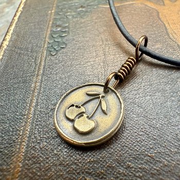 Bronze Cherry Charm, Door County Cherries, Handmade Bronze, Leather Vegan Cords, Wisconsin Cherry Trees, Souvenir Talisman of Door County
