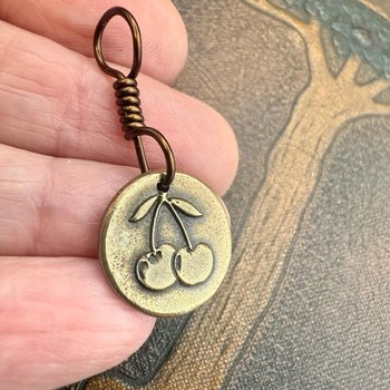 Bronze Cherry Charm, Door County Cherries, Handmade Bronze, Leather Vegan Cords, Wisconsin Cherry Trees, Souvenir Talisman of Door County