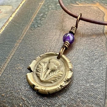 Thistle Bronze Charm, Amethyst Bead, Symbol of Scotland, Gift of Resilience, Scottish Heritage, Leather & Vegan Cords, Recycled Bronze Art
