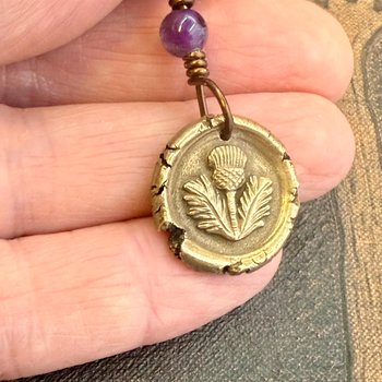 Thistle Bronze Charm, Amethyst Bead, Symbol of Scotland, Gift of Resilience, Scottish Heritage, Leather & Vegan Cords, Recycled Bronze Art